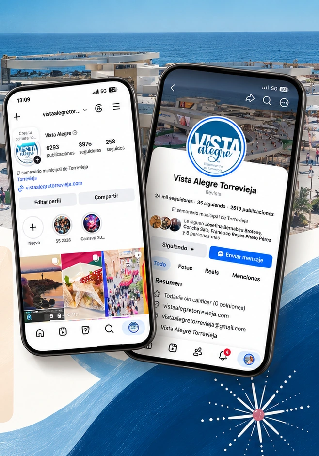 Composición de Ana Llopis con los perfiles de Instagram y Facebook de Vista Alegre sobre una vista del paseo marítimo de Torrevieja